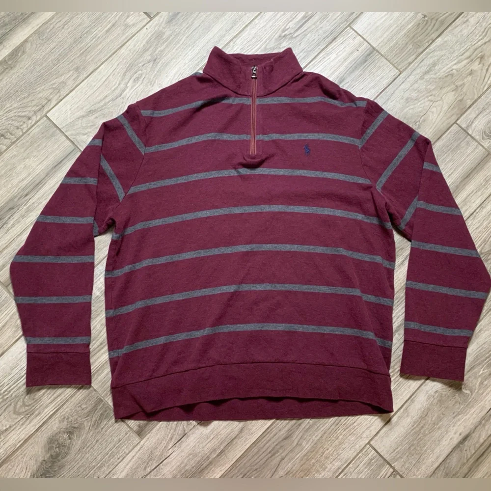 Polo Ralph Lauren Mens Quarter Zip Striped Pullover Burgundy Grey XL